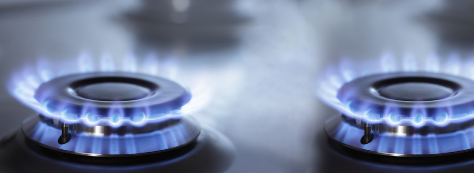 Close up of gas burner lit