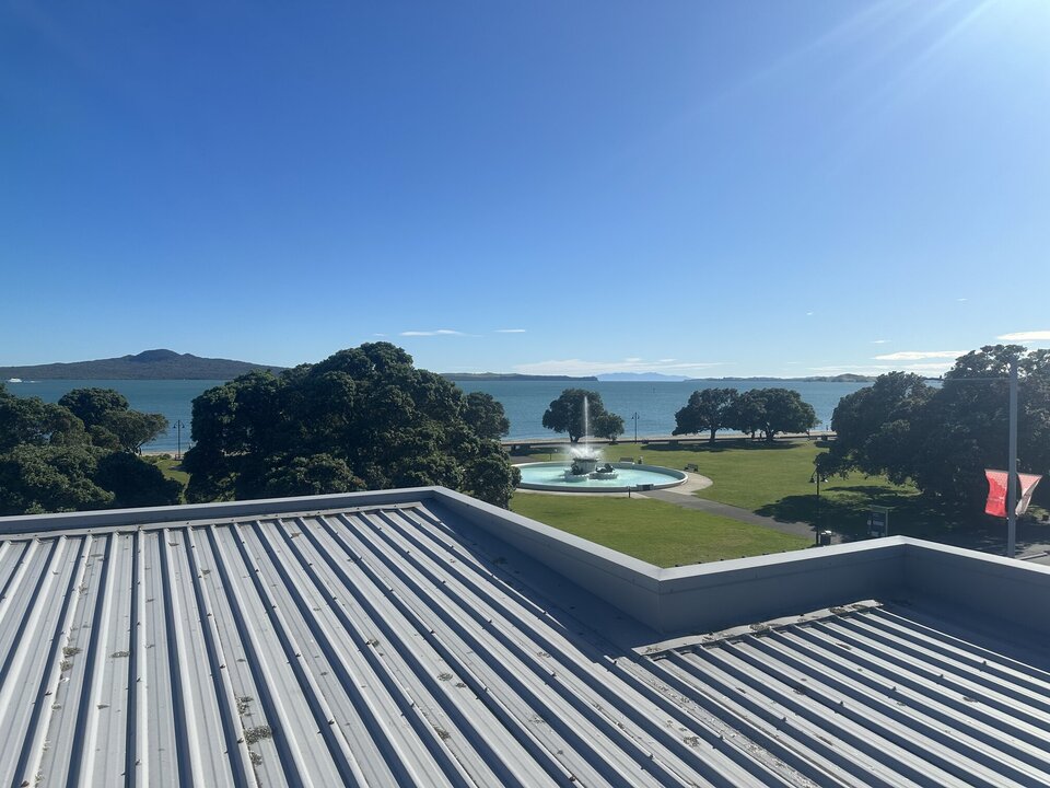 View of Mision bay with Rangitoto island taken on roof top